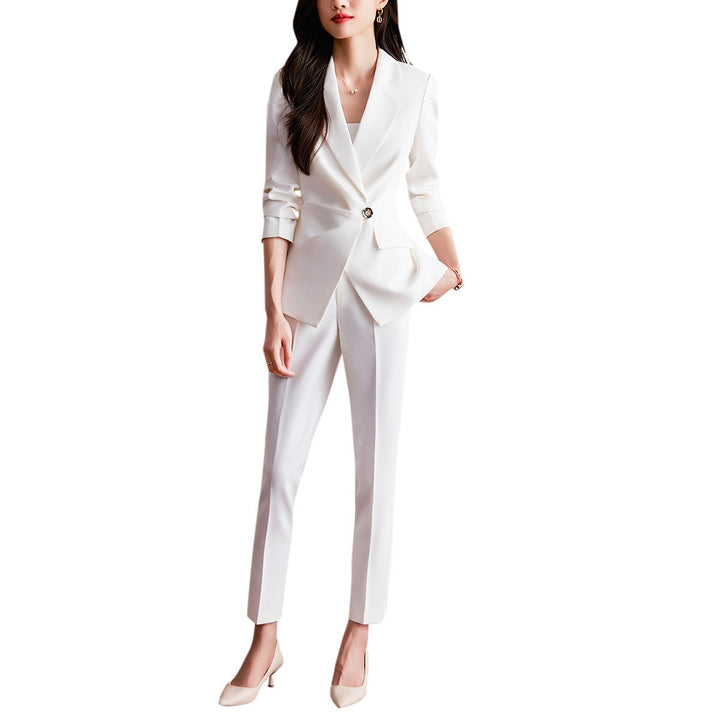 2 Pcs Women Suit Set Fashion Office Lady Blazer Pants Suit Slim Fit Long Sleeve Ruched One Button Wedding Party Outfit Image 3