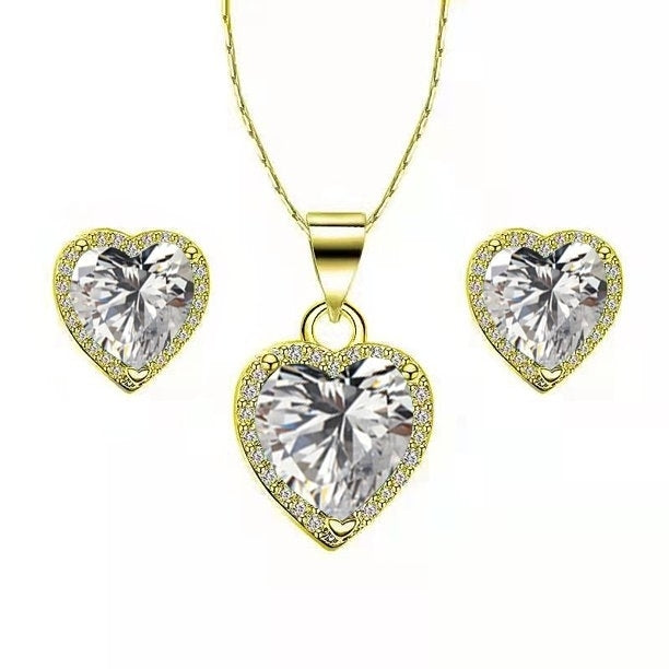 Paris Jewelry 10k Yellow Gold Heart 1/2 Ct Created White Sapphire CZ Full Set Necklace 18 inch Plated Image 1