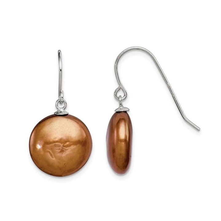 Brown Freshwater Cultured Coin Pearl 13-14mm Dangle Earrings in Sterling Silver Image 1