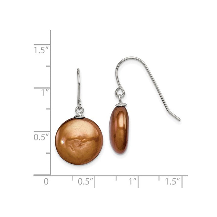 Brown Freshwater Cultured Coin Pearl 13-14mm Dangle Earrings in Sterling Silver Image 2