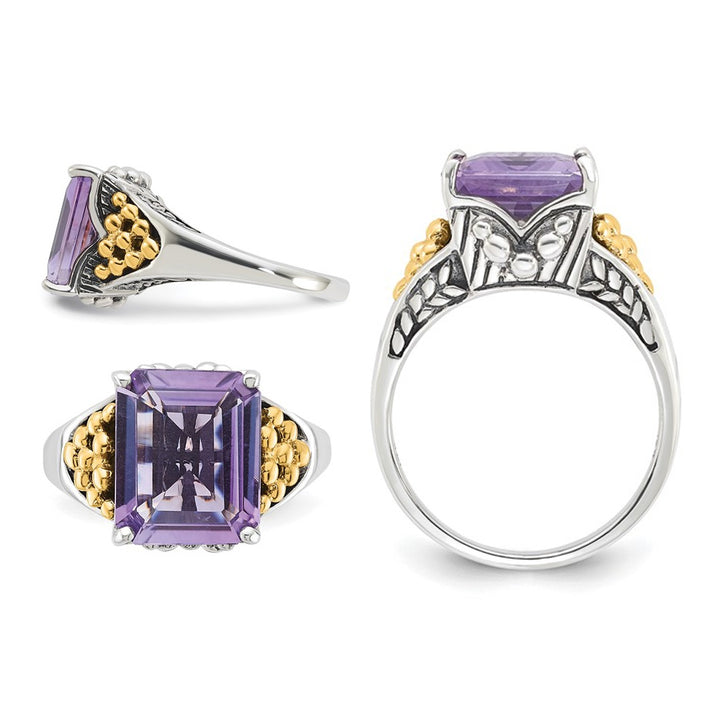 4.00 Carat (ctw) Amethyst Ring in Polished Sterling Silver with 14k Gold Accent Image 3