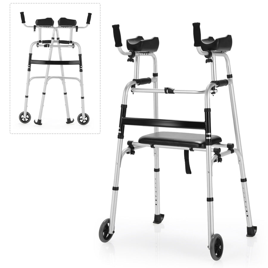 Foldable Aluminum Alloy Walker Wheel Walking Frame W/ Seat and Armrest Pad Image 1