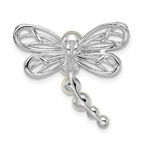 Sterling Silver Rhodium-plated Imitation Shell Pearl Dragonfly Chain Slide Image 3