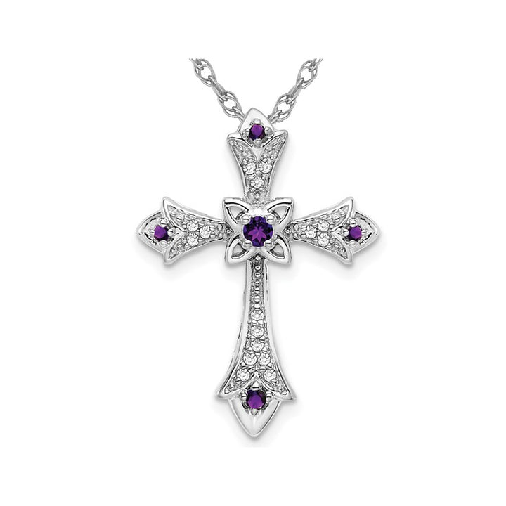 1/10 Carat (ctw) Amethyst Cross Pendant Necklace with Diamonds in 10K White Gold with Chain Image 1