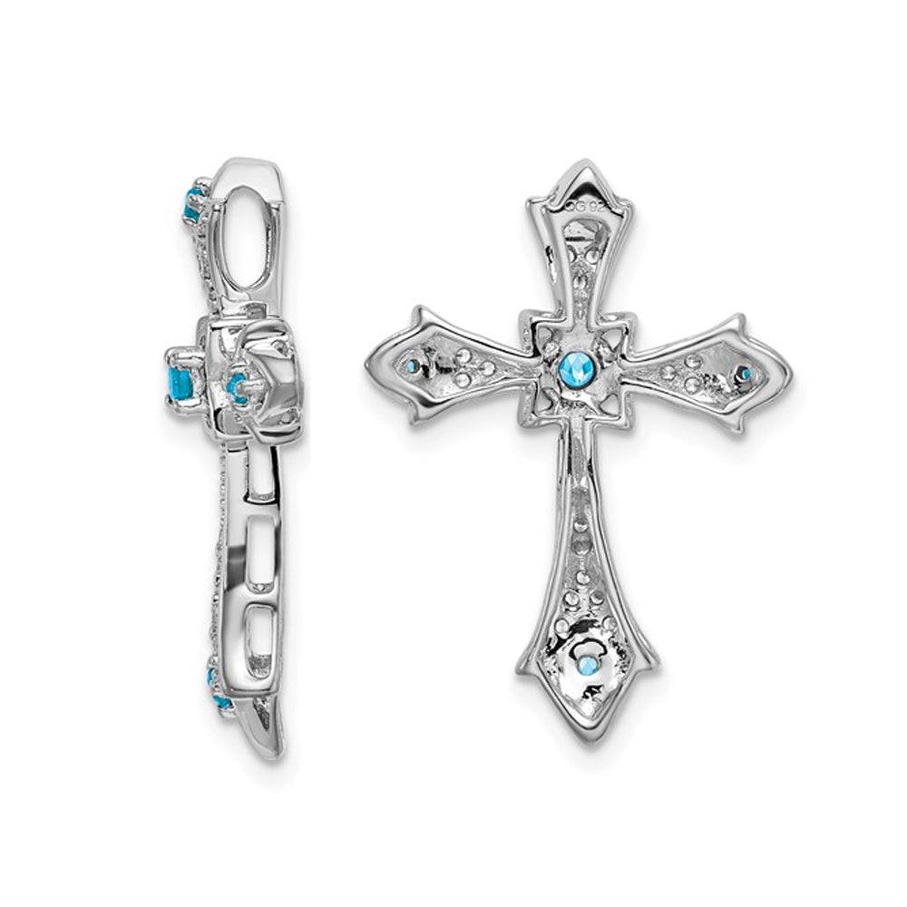 1/10 Carat (ctw) Blue Topaz Cross Pendant Necklace with Diamonds in 10K White Gold with Chain Image 2