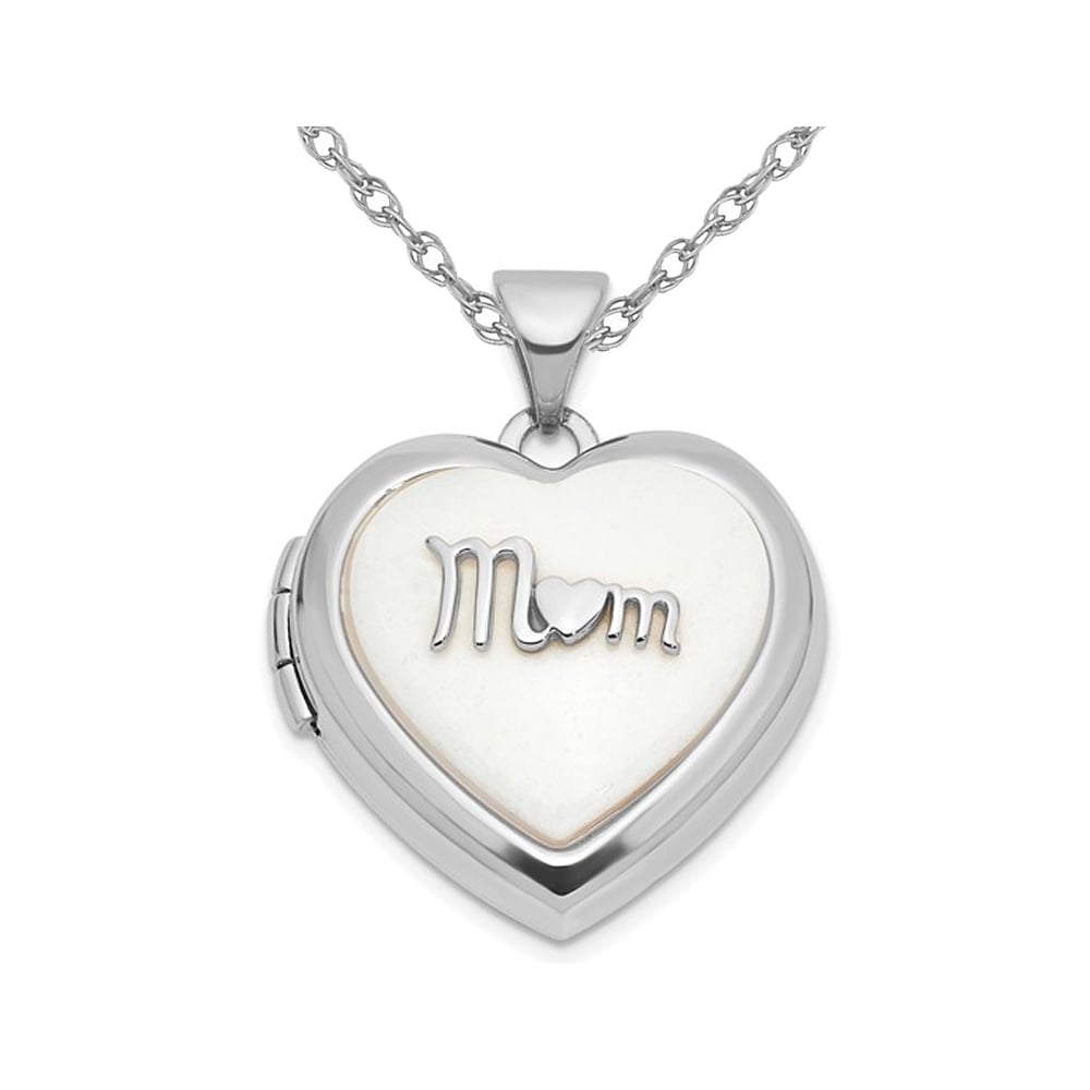 14K White Gold Heart MOM Locket Pendant Necklace with White Agate and Chain Image 1