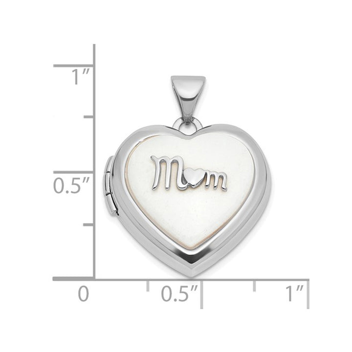 14K White Gold Heart MOM Locket Pendant Necklace with White Agate and Chain Image 3