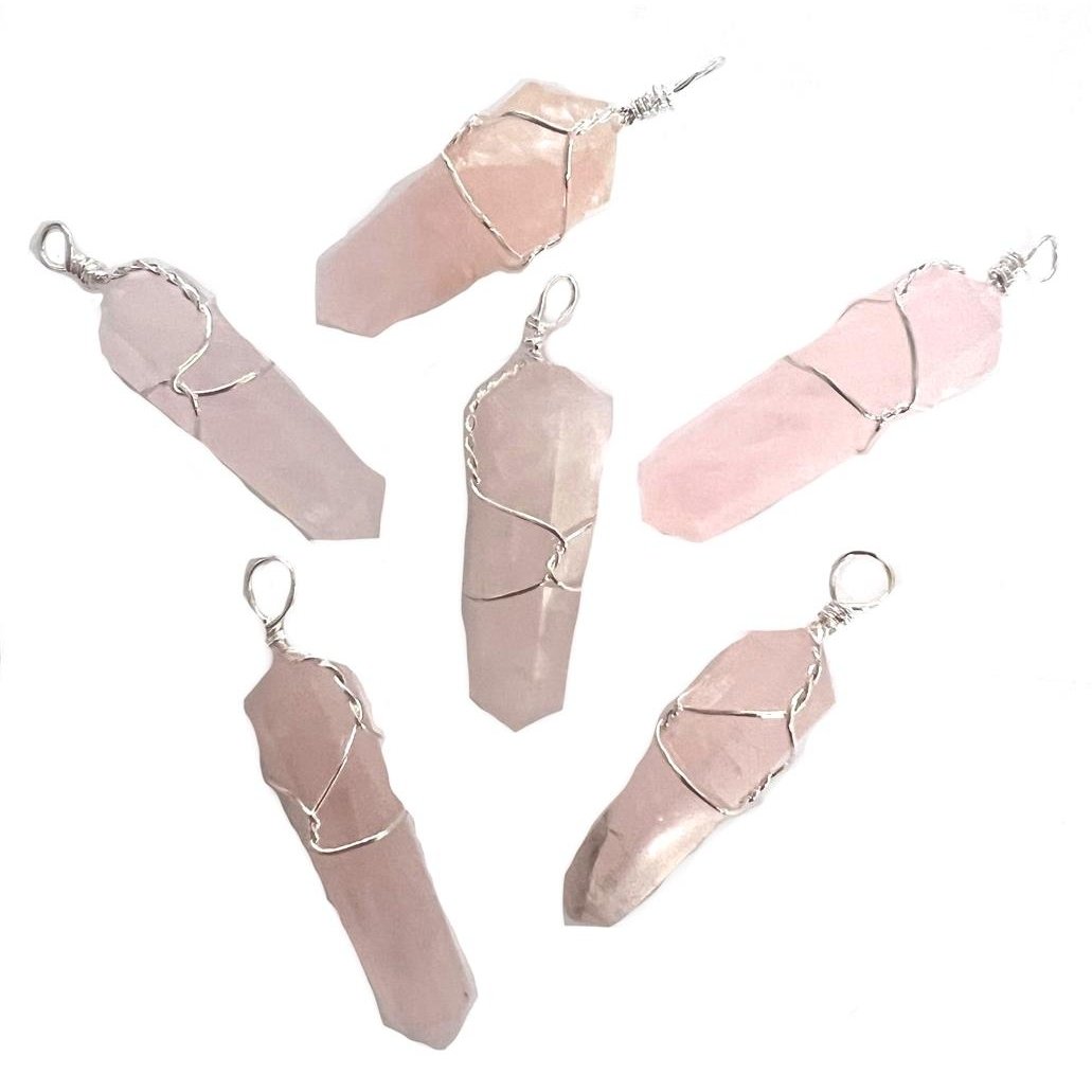 6 PC LOT ROSE QUARTZ WIRE WRAPPED BULLET SHAPED PENDANT  crystal RK012 jewelry Image 1