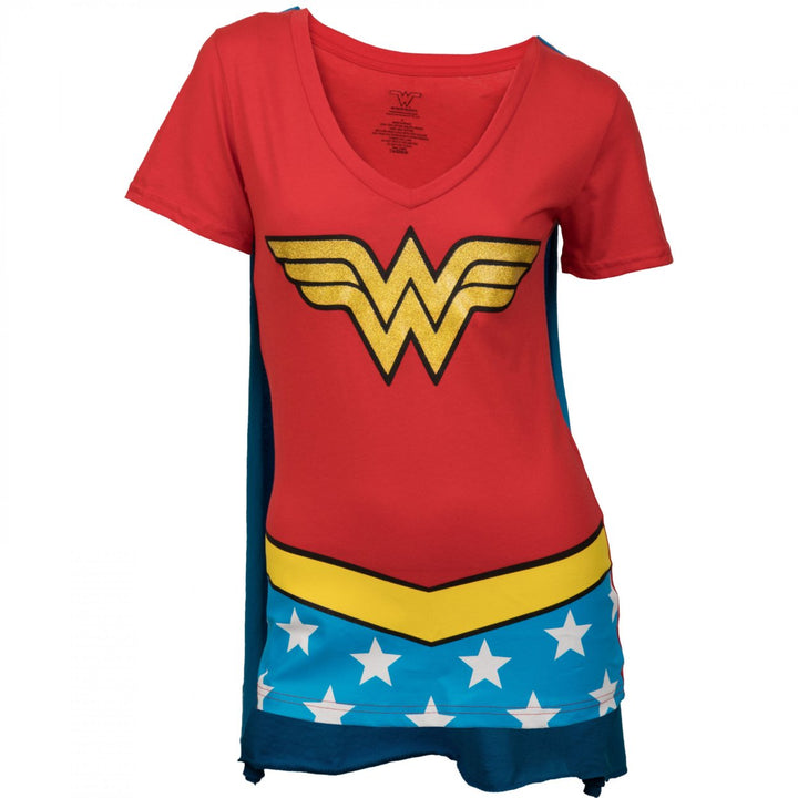 Wonder Woman Womens V-Neck Caped Costume T-Shirt Image 1