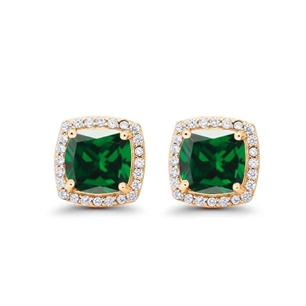 Paris Jewelry 14k Yellow Gold 1Ct Created Halo Princess Cut Emerald CZ Stud Earrings Plated Image 1