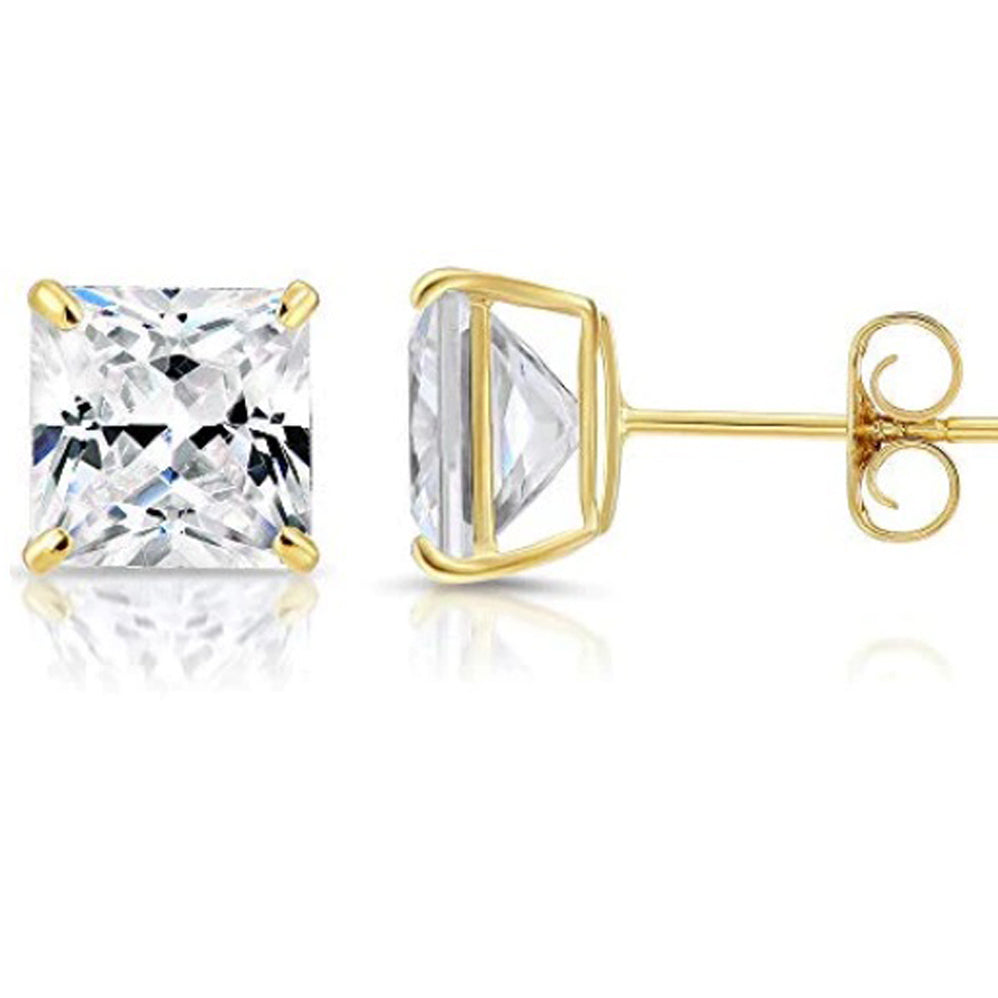 Paris Jewelry Genuine 14k Yellow Gold Square Created Cubic Zirconia Stud Earrings (4MM) Plated Image 1