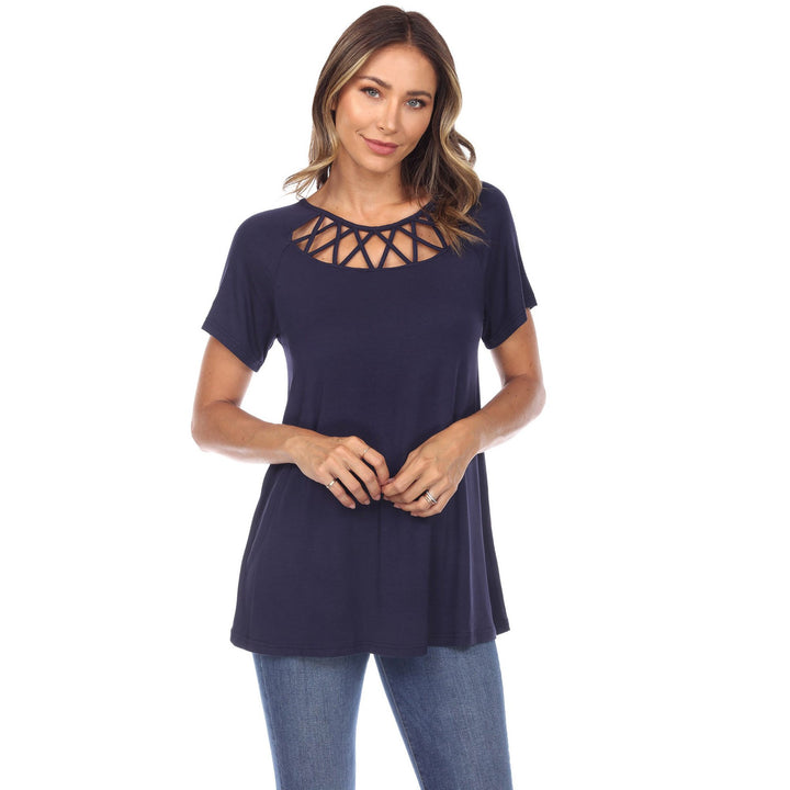 White Mark Womens Crisscross Cutout Short Sleeve Top Image 1