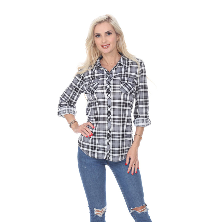 White Mark Womens Stretchy Plaid Flannel Shirt Image 1