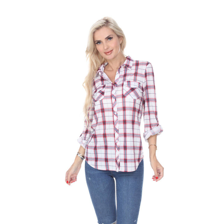 White Mark Womens Stretchy Plaid Flannel Shirt Image 1