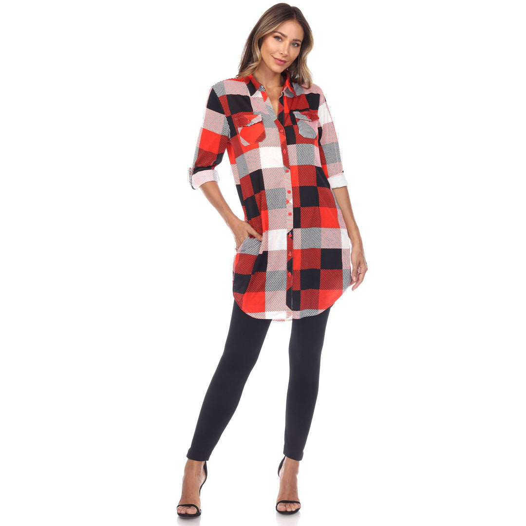 White Mark Womens Buffalo Plaid Tunic Top Long Sleeve 100% Polyester Sizes S-3X Image 1