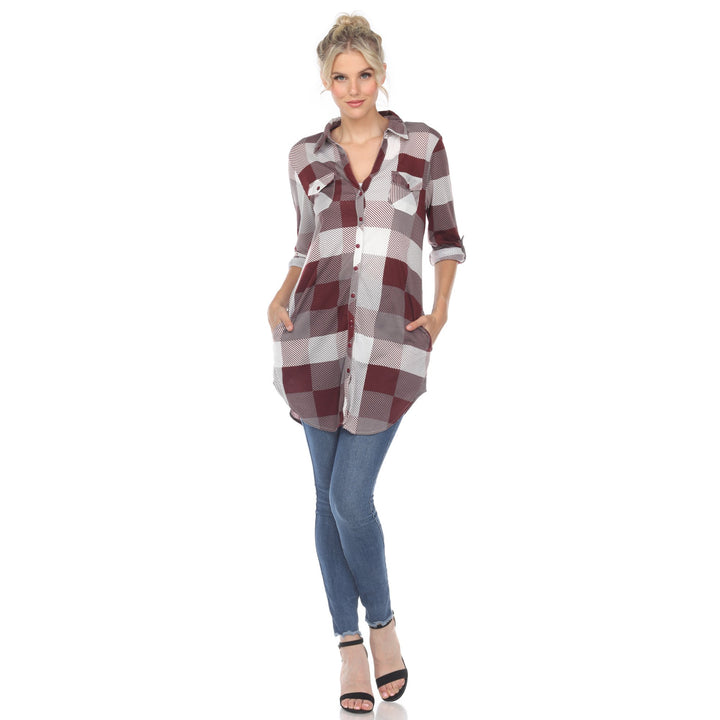 White Mark Womens Buffalo Plaid Tunic Top Long Sleeve 100% Polyester Sizes S-3X Image 1