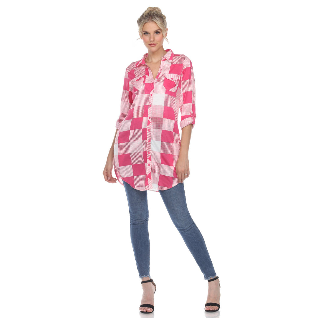 White Mark Womens Buffalo Plaid Tunic Top Long Sleeve 100% Polyester Sizes S-3X Image 1