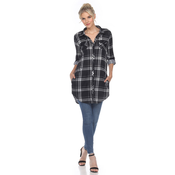 White Mark Womens White Stretchy Plaid Tunic Top Size S-3X Polyester 100% Image 1