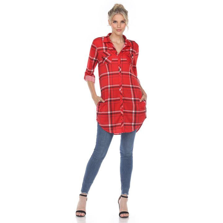 White Mark Womens White Stretchy Plaid Tunic Top Size S-3X Polyester 100% Image 1