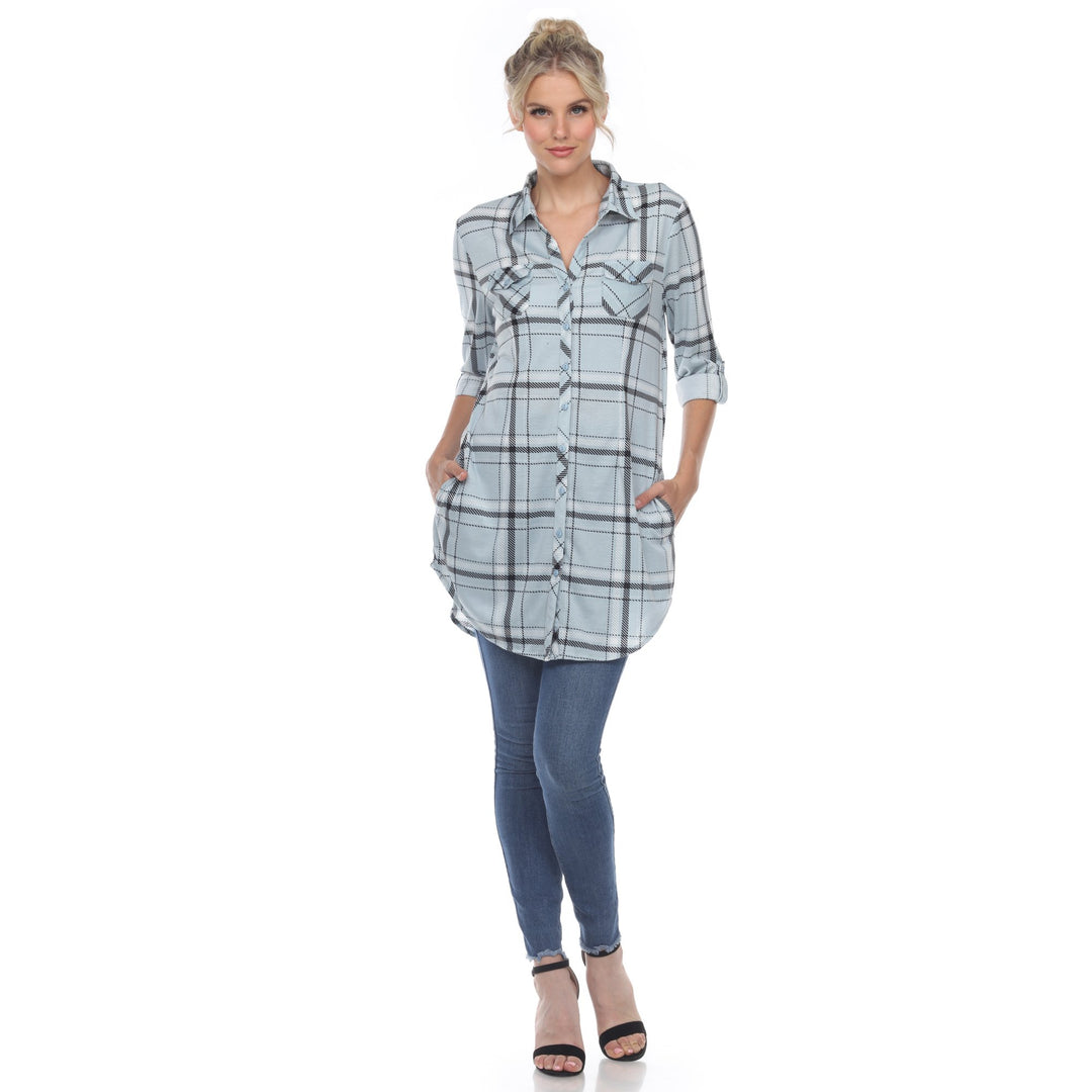 White Mark Womens White Stretchy Plaid Tunic Top Size S-3X Polyester 100% Image 1