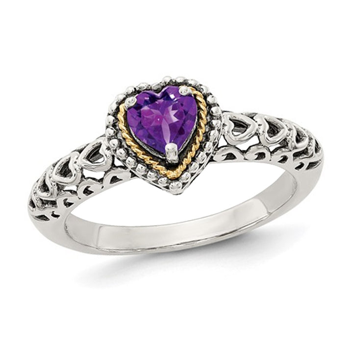 1/3 Carat (ctw) Amethyst Heart Ring in Sterling Silver with 14K Gold Accents Image 1
