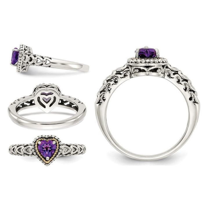 1/3 Carat (ctw) Amethyst Heart Ring in Sterling Silver with 14K Gold Accents Image 3