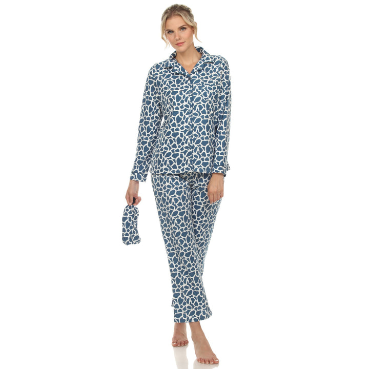 White Mark Womens Animal Print Pajama Set 3 Piece Long Sleeve Eye Mask 100% Polyester Image 1