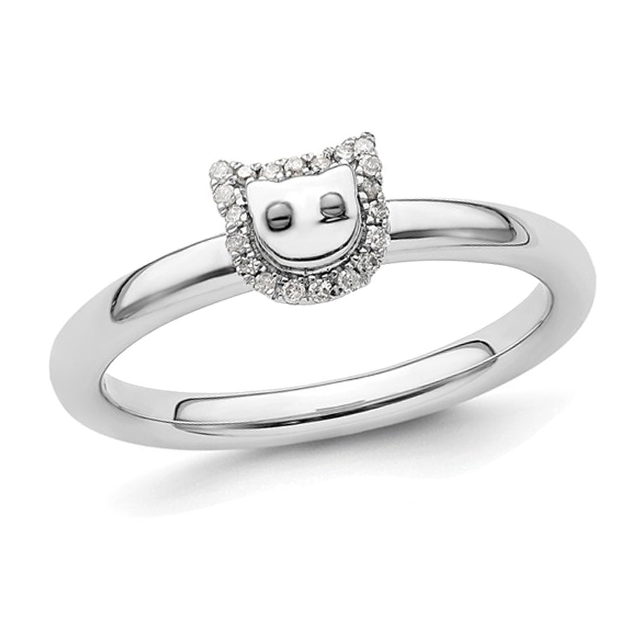 Sterling Silver Kitty Cat Ring with Accent Diamonds Image 1