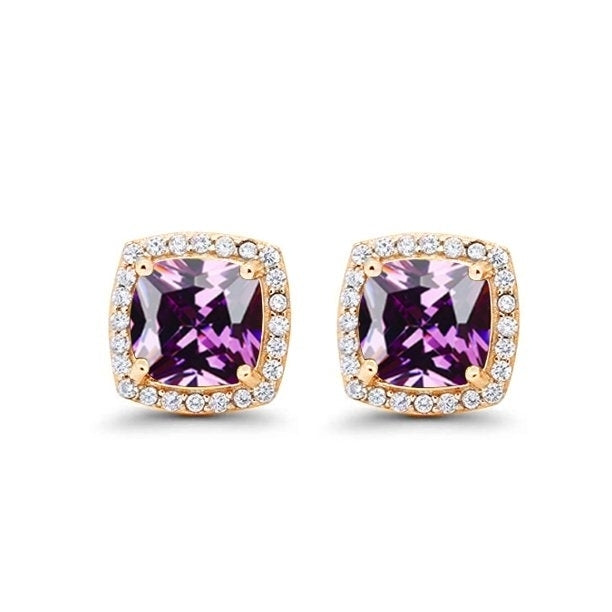 Paris Jewelry 14k Yellow Gold 3Ct Created Halo Princess Cut Amethyst Stud Earrings Plated Image 1