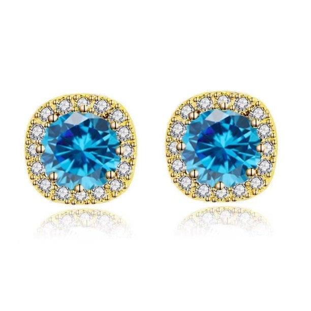Paris Jewelry 14k Yellow Gold 1/2Ct Round Created Blue Topaz CZ Halo Stud Earrings Plated Image 1