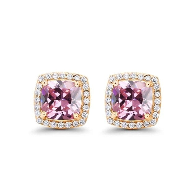 Paris Jewelry 18k Yellow Gold 2Ct Created Halo Princess Cut Pink Sapphire CZ Stud Earrings Plated Image 1