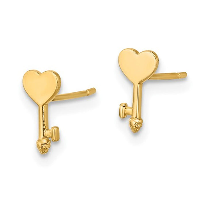 14K Yellow Gold Heart Key Post Earrings Image 4