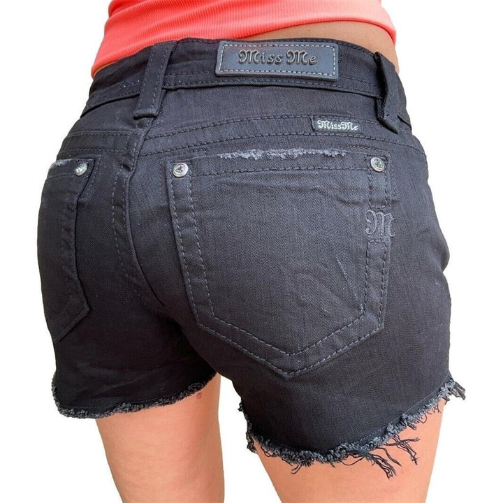 Womens Miss Me Jeans Low Rise Black Ripped Distressed Cut-Off Denim Shorts 26 Image 1