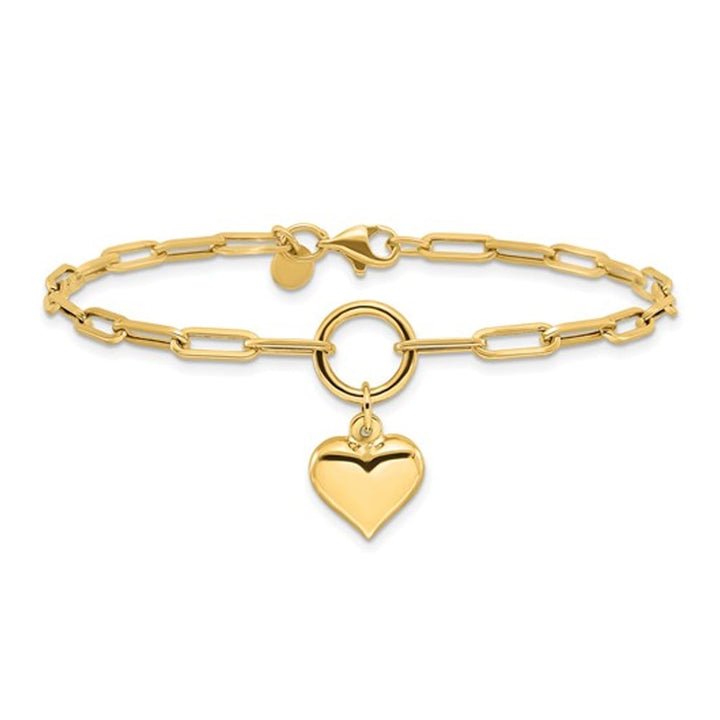 14K Yellow Gold Puffed Heart Paper-Clip Link Bracelet (7.25 inches) Image 1
