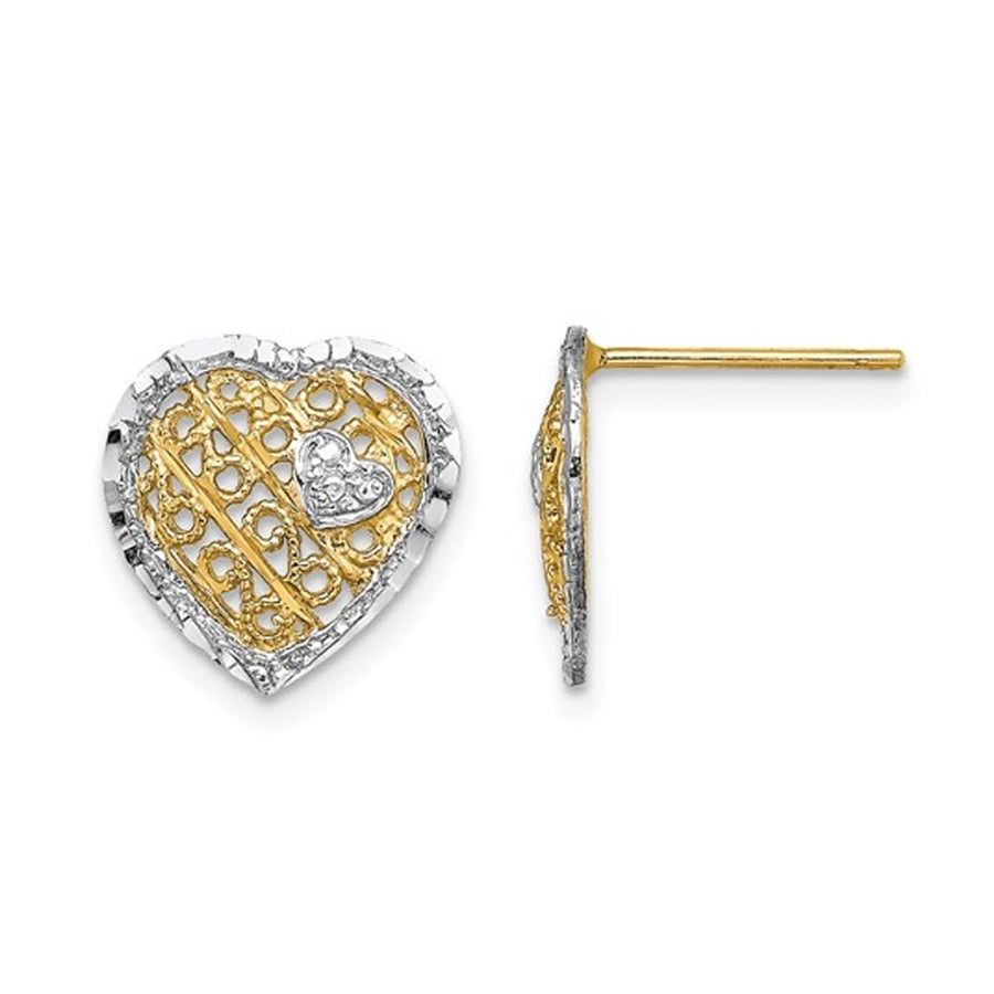 14K Yellow and White Gold Filigree Heart Post Earrings Image 1