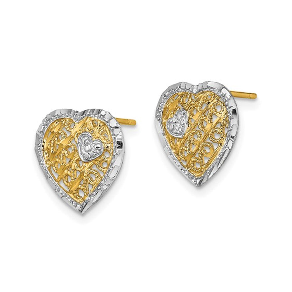 14K Yellow and White Gold Filigree Heart Post Earrings Image 3