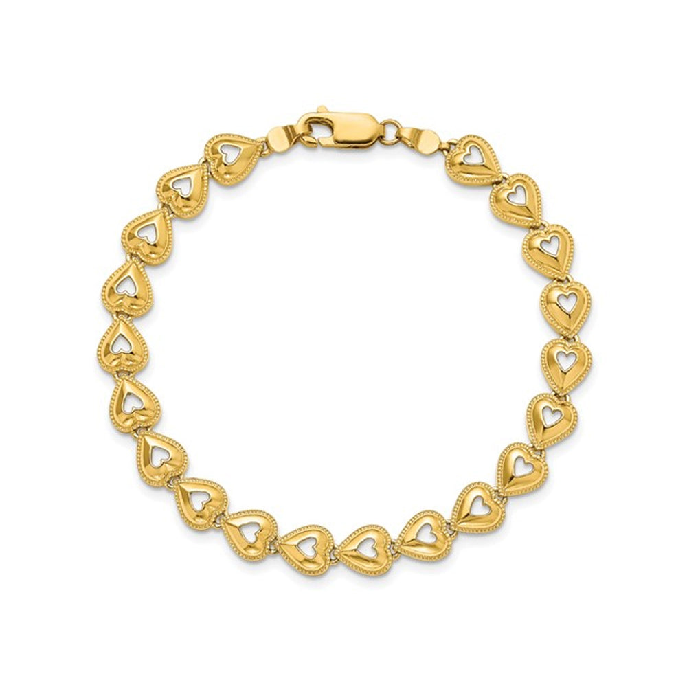14K Yellow Gold Beaded Hearts Link Bracelet (7 inches) Image 1