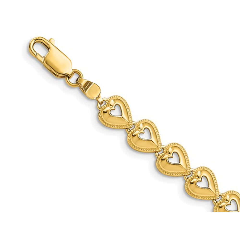 14K Yellow Gold Beaded Hearts Link Bracelet (7 inches) Image 3