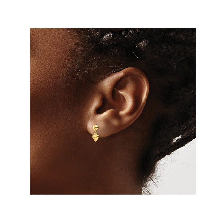 10K Yellow Gold Heart Dangle Post Earrings Image 3
