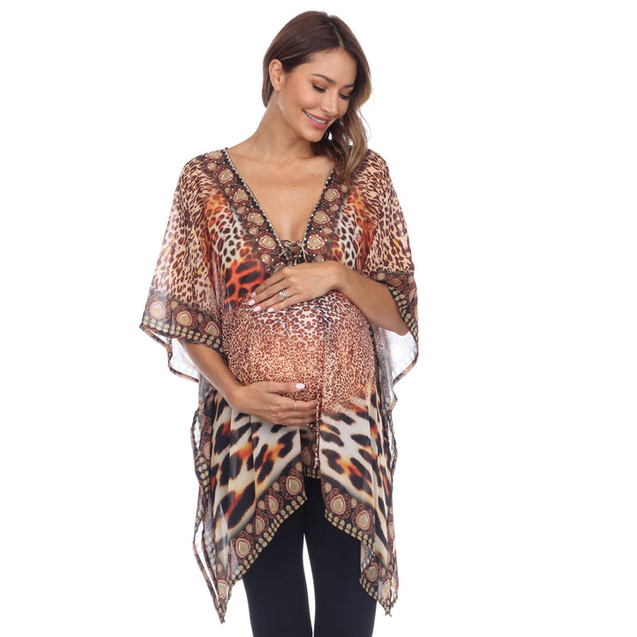 White Mark Womens Maternity Caftan Top Short Tie-up Neckline Multi-Print One Size Image 1