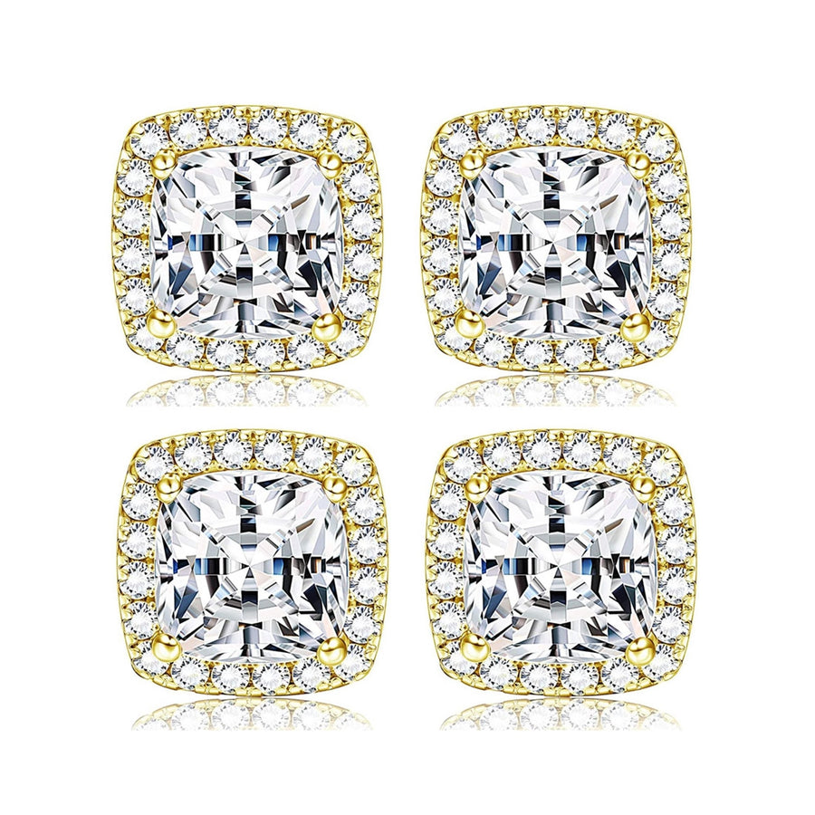 Paris Jewelry 18k Yellow Gold Halo 6mm 1/2Ct Asscher Cut Created White Sapphire CZ Set Of Two Stud Earrings Plated Image 1