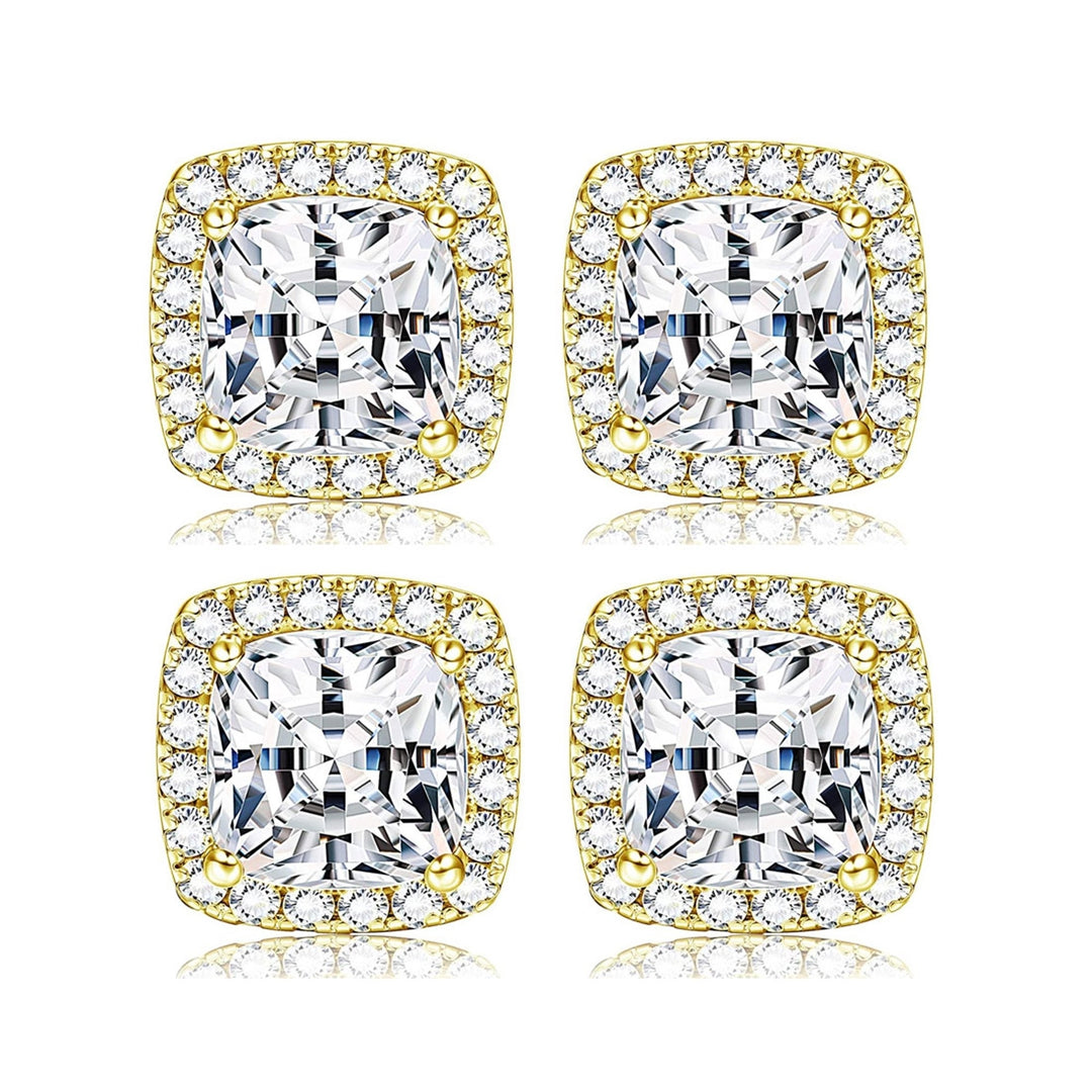 Paris Jewelry 18k Yellow Gold Halo 6mm 1/2Ct Asscher Cut Created White Sapphire CZ Set Of Two Stud Earrings Plated Image 1