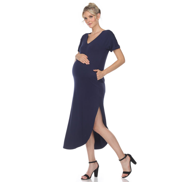 White Mark Womens Maternity V-neck Maxi Dress with Pockets Size S-3X White Image 1