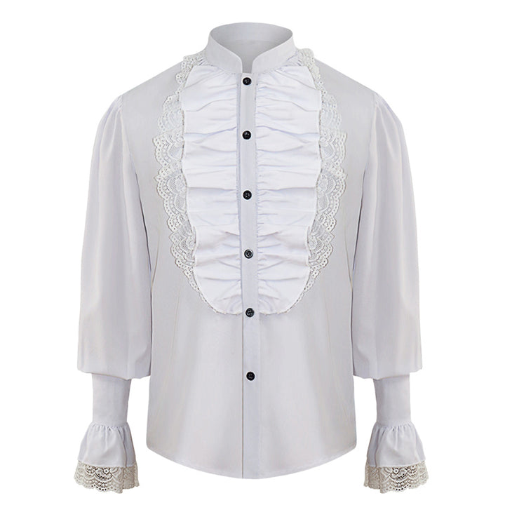 Men Formal Shirt Long Sleeve Ruffled Lace Patchwork Tops Stand Collar Men Blouse Elegant Party Button Down Shirts Image 3