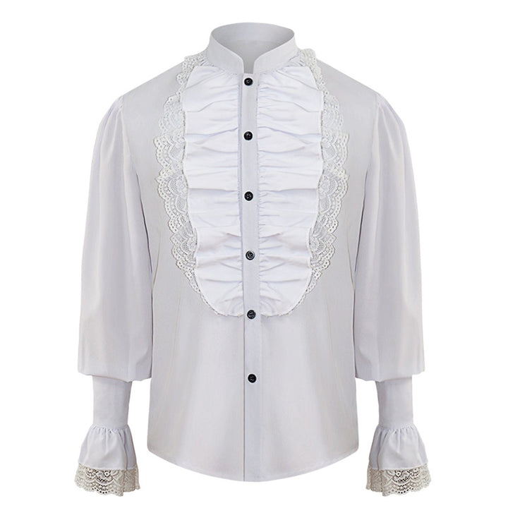 Men Formal Shirt Long Sleeve Ruffled Lace Patchwork Tops Stand Collar Men Blouse Elegant Party Button Down Shirts Image 1