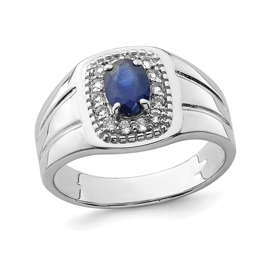 Mens 1.37 Carat (ctw) Oval Blue Sapphire and White Topaz Ring in Sterling Silver Image 1