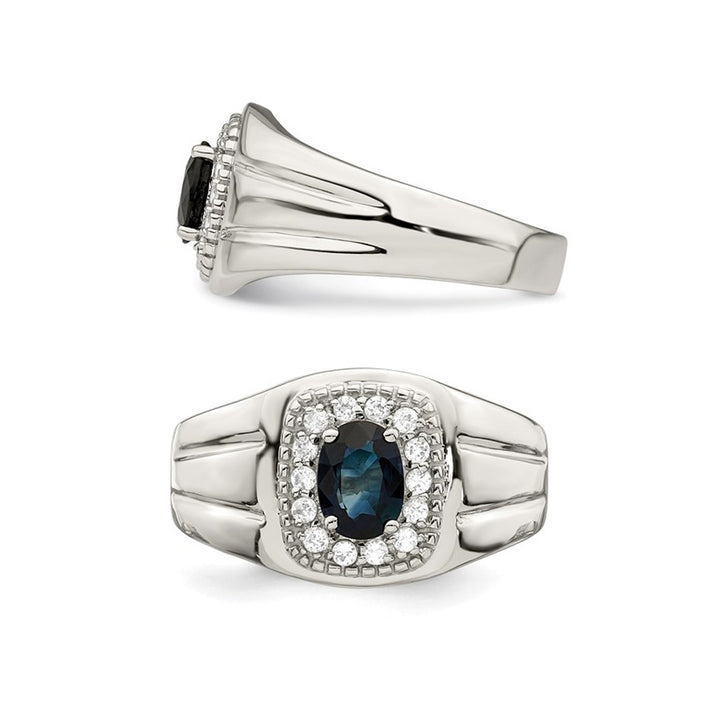Mens 1.37 Carat (ctw) Oval Blue Sapphire and White Topaz Ring in Sterling Silver Image 2