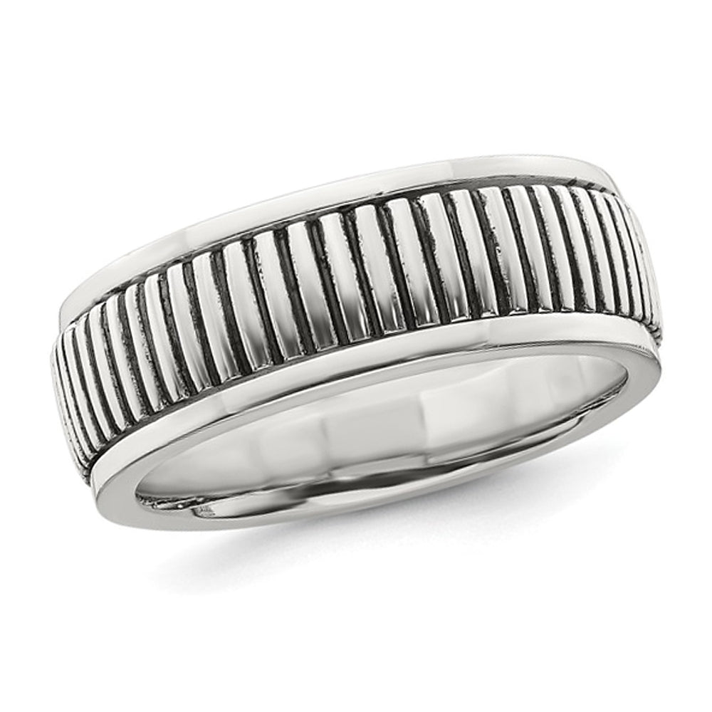 Mens Oxidized Patterned Sterling Silver Ring (8mm) Image 1
