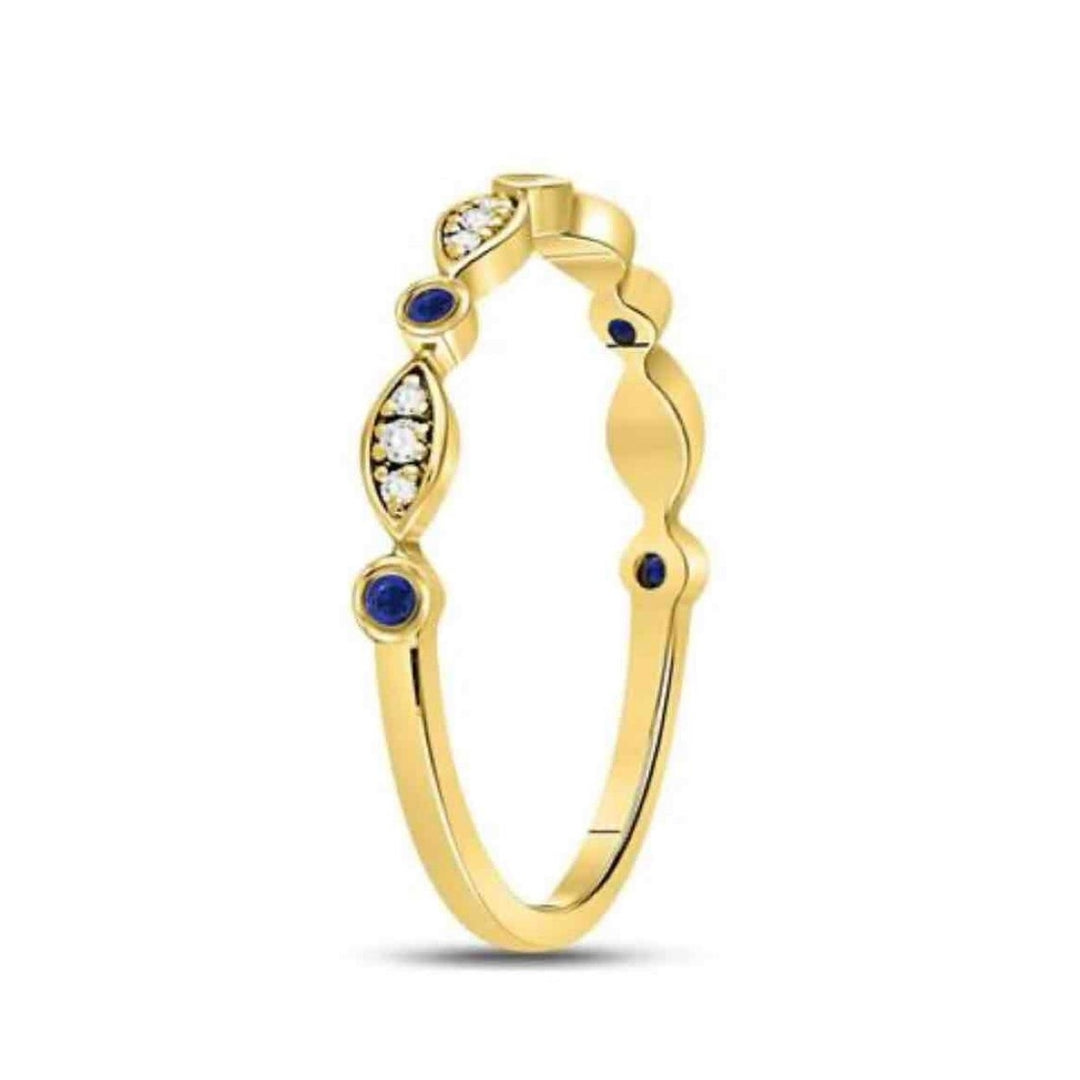 10K Yellow Gold Round Blue Sapphire Diamond Stackable Band Ring 1/10 cttw Image 3