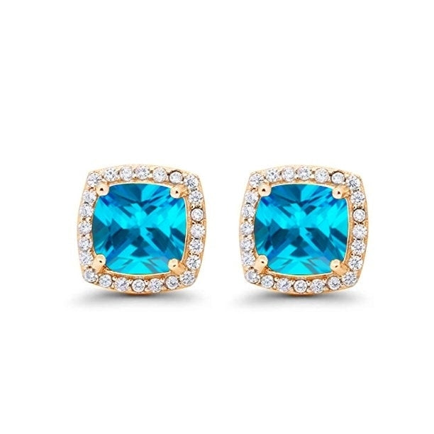 Paris Jewelry 24k Yellow Gold 1Ct Created Halo Princess Cut Blue Topaz CZ Stud Earrings Plated Image 1